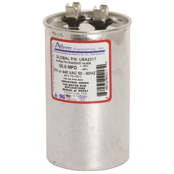 ROUND USA-MADE MOTOR RUN CAPACITOR, 50 MFD, 370/440 VAC, Amrad Engineering, Mfr#: USA2217